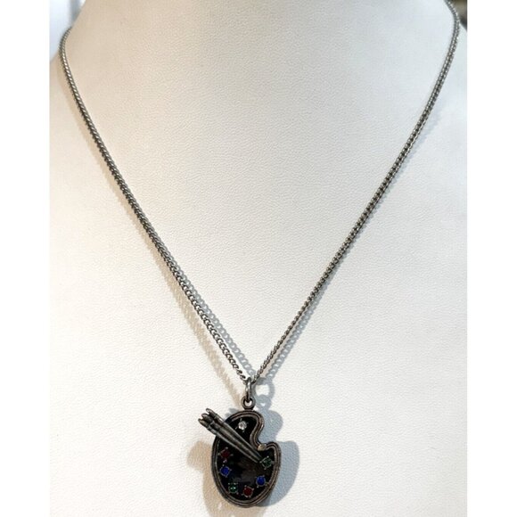 Vintage House of Borvani Painter Palette Rhinestone Silver Tone Pendant Necklace - Picture 2 of 4